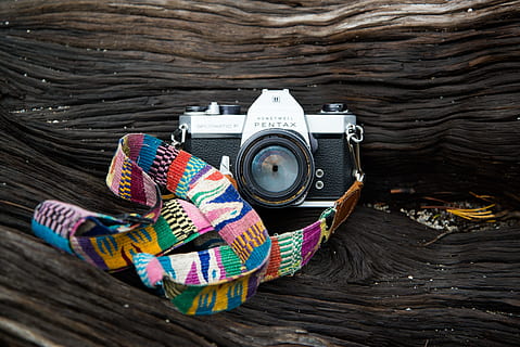 gray, black, pentax camera, art, camera, color, colorful, colourful, dark, decoration, design, equipment, Pentax, photography, retro, still life, strap, texture, travel, vintage, wood, wooden, wood - material, no people, day, multi colored, indoors, table, basket, high angle view, directly above, technology, pattern, textile, water, close-up, retro styled, 5K, CC0, public domain, royalty free