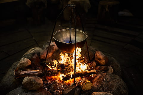 bonfire, campfire, cooking, firewood, flame, pot, burning, fire, fire - natural phenomenon, heat - temperature, wood, wood - material, nature, log, household equipment, glowing, camping, focus on foreground, fireplace, no people, food and drink, outdoors, 5K, CC0, public domain, royalty free