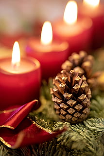 pinecone marró, vela, celebració, cremant, foc, flama, il·luminat, pinya de pi, Nadal, decoració, foc - fenomen natural, cap gent, decoració de Nadal, festa, vermell, primer pla, a l'interior, enfocament selectiu, naturalesa, adorn de Nadal, brillant, llum del te, advent, 4K, CC0, domini públic, lliure de regalies