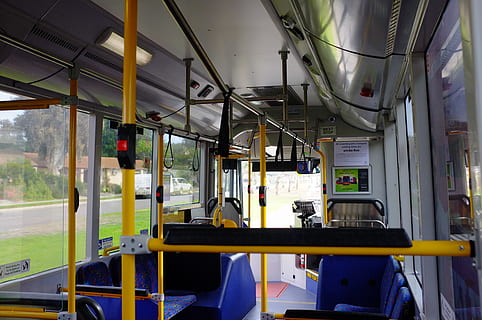 bus, interior, public transportation, vehicle interior, mode of transportation, transportation, train, rail transportation, train - vehicle, vehicle seat, land vehicle, seat, empty, no people, travel, indoors, passenger train, window, glass - material, transparent, day, subway train, 4K, CC0, public domain, royalty free