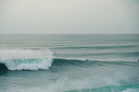 ocean waves, ocean, nature, outdoors, sea, water, sea waves, grey, surfing, nazare, person, human, sports, sport, leisure activities, adventure, waves, big wave, surfboard, swimming, tsunami, horizon over water, horizon, sky, beauty in nature, scenics - nature, motion, wave, power in nature, power, day, non-urban scene, beach, land, no people, breaking, 5K, CC0, public domain, royalty free