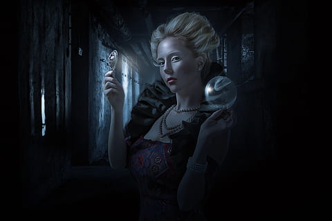 fantasia, Gotico, goth, buio, Magia, specchio magico, palla di cristallo, palla magica, luogo abbandonato, luce, femmina, donna, ragazza, giovane, bellezza, modello, mistero, misterioso, sognare, atmosfera, atmosfera gotica, comporre, copertina del libro, photoshop, una persona, giovane adulto, giovani donne, in casa, donne, adulto, bella donna, capelli, dalla vita in su, stili di vita, ritratto, capelli biondi, attività di svago, detenzione, capi di abbigliamento, vista frontale, acconciatura, contemplazione, 4K, CC0, dominio pubblico, privo di copyright