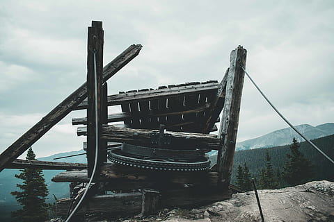 brown, wood post, soil, bridge, cliff, clouds, daylight, destroyed, high, landscape, post, rope, sky, steel, wood, wooden, cloud - sky, nature, no people, day, architecture, transportation, water, nautical vessel, built structure, outdoors, wood - material, mode of transportation, tranquility, mountain, travel, tranquil scene, metal, 5K, CC0, public domain, royalty free