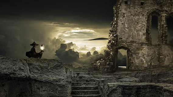 fantasy, sky, clouds, boy, lantern, atmosphere, nature, romantic, architecture, built structure, building exterior, building, history, cloud - sky, the past, old, abandoned, solid, old ruin, run-down, damaged, obsolete, bad condition, weathered, ruined, outdoors, deterioration, stone wall, ancient civilization, 4K, CC0, public domain, royalty free