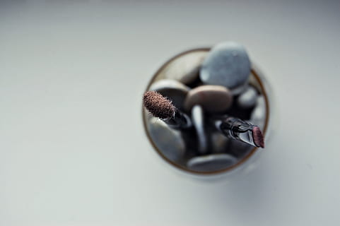 due pennelli per il trucco, fagiolo, cibo, pianta, produrre, verdura, flora, grigio, ciottolo, confetteria, dolci, girato in studio, in casa, avvicinamento, nessuno, sfondo grigio, natura morta, sfondo colorato, cibo e bevande, vista dall'alto, messa a fuoco selettiva, tavolo, concentrarsi sulle conoscenze acquisite, tazza, utensile da cucina, freschezza, gioielli, boccale, cucchiaio, lusso, 2K, CC0, dominio pubblico, privo di copyright