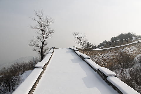 vinter, sne, kold, træ, natur, badaling stor væg i sneen, udendørs, vejr, is, turisme, kold temperatur, plante, hvid farve, ingen mennesker, dækker, bare træ, dag, vejen frem, himmel, skønhed i naturen, retning, scenics - natur, arkitektur, ro, faldende perspektiv, ekstremt vejr, snedækket bjerg, sner, 4K, CC0, offentligt domæne, royaltyfrie