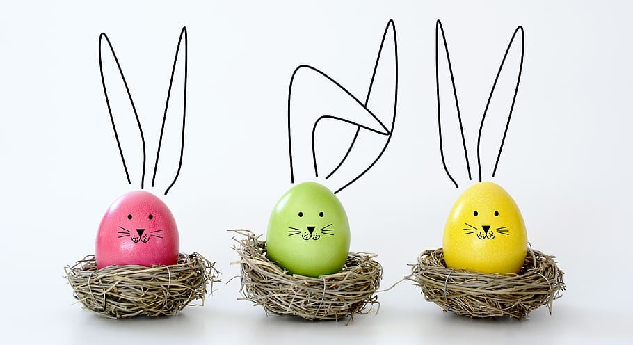 Ostern, Eier, Hase, Nest, lustig, Ohren, bunt, farbig, glücklich, Urlaub, Frühling, Dekoration, Jahreszeit, Feier, traditionell, Tradition, Gruß, saisonal, Natur, Osterei, Ostereier, Ornament, Rosa, Grün, Gelb, Ei, Lebensmittel, Gruppe von Objekten, Korb, keine Leute, Stillleben, drinnen, Essen und Trinken, Tiernest, Studioaufnahme, Kunst und Handwerk, tierisches Ei, Kreativität, Notgroschen, 4K