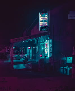 fasáda skladu, budova, městský, město, podepsat, plakátovací tabule, stánek, barový pult, hospoda, retrowave, ulice, venku, cyberpunk, neon, noc, večer, světlo, monitor, obrazovka, elektronika, papír, svítí, stavba, exteriér budovy, sdělení, architektura, text, nikdo, západní skript, obchodní značka, obchod, informace, reklama, temný, sklo - materiál, noční život, 2K, CC0, veřejná doména, bez autorských práv