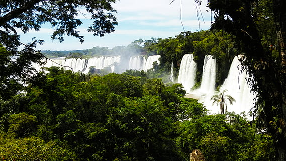 cascades, envoltat, arbres, núvols, la llum del dia, durant el dia, medi ambient, bosc, herba, verd, jungla, paisatge, muntanyes, naturalesa, parc, selva tropical, escènic, aigua, boscos, arbre, planta, cascada, escenics - natura, creixement, aigua que flueix, bellesa a la natura, color verd, moviment, exposició llarga, poder, poder a la natura, cel, terra, turisme, a l'aire lliure, cap gent, que flueix, 4K, CC0, domini públic, lliure de regalies