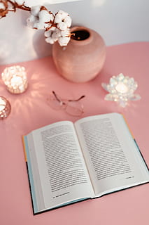 open, book, pink, background, reading, glasses, learning, pink backgound, study, feminine, publication, table, indoors, high angle view, flower, flowering plant, still life, no people, plant, education, pink color, cup, close-up, mug, food and drink, drink, paper, coffee cup, 4K, CC0, public domain, royalty free