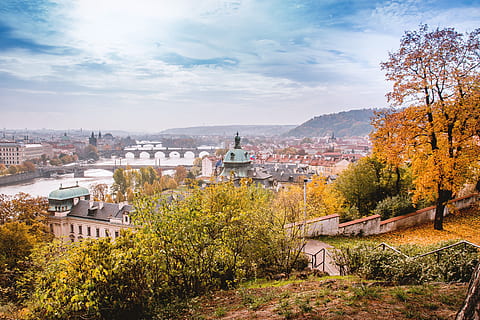 autumn, prague, overlooking, historic, town, architecture, built structure, building exterior, tree, city, building, plant, nature, sky, cloud - sky, day, high angle view, residential district, no people, cityscape, water, change, travel destinations, roof, outdoors, 5K, CC0, public domain, royalty free