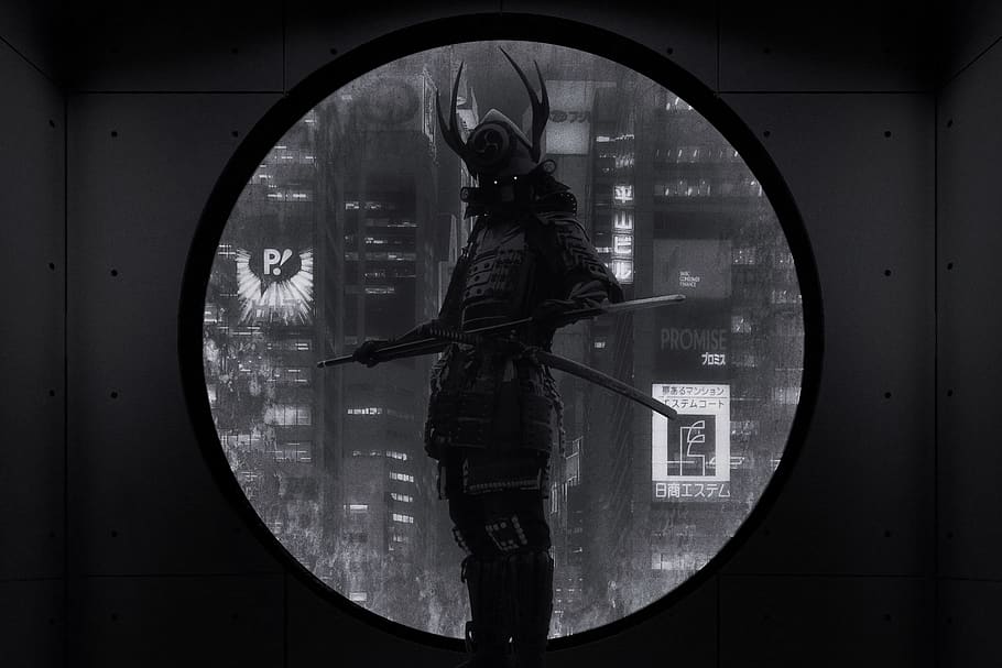 fantasia, samurai, místic, composició, fotomuntatge, Japó, urbà, neó, futurista, rodó, una persona, forma geomètrica, cercle, tres quarts de longitud, forma, vidre - material, transparent, adult, de peu, finestra, a l'interior, persones reals, reflexió, dones, estils de vida, activitat d'oci, vista lateral, dia, longitud completa, pluja, 8K