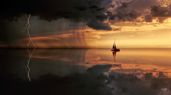 fotografia de silueta, vaixell, aigua, posta de sol, retroil·luminat, núvols, alba, dramàtica, llamps, oceà, reflexió, vela, mar, paisatge marí, cel, tempesta, sortida del sol, núvol - cel, arquitectura, naturalesa, color taronja, bellesa a la natura, exterior de l'edifici, estructura construïda, cap gent, escenics - natura, cel dramàtic, ciutat, destinacions de viatge, horitzó, edifici, a l'aire lliure, paisatge urbà, compost digital, 4K, CC0, domini públic, lliure de regalies