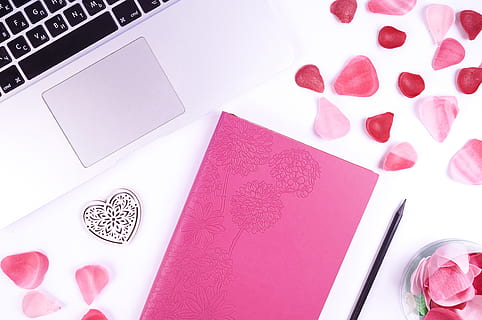 Rosa, Notizbuch, Tabelle, Stift, Geschäft, Tagebuch, Bleistift, flach liegen, Valentinstag, Romantik, Liebe, High Angle View, Computer, Laptop, pinke Farbe, keine Leute, Stillleben, drinnen, Papier-, Herzform, Rose, Technologie, Kunst und Handwerk, Kreativität, Nahansicht, kabellose Technologie, Schreibtisch, Blume, Valentinstag - Urlaub, 4K, CC0, gemeinfrei, lizenzfrei