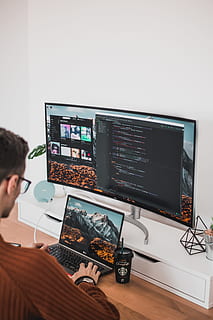 man, using, laptop, computer, monitor, screen, workspace, table, desk, fashion, style, office, tech, technology, typing, programmer, device, coffee, digital, coding, workplace, furniture, home, computer Monitor, men, business, internet, indoors, desktop PC, people, working, males, computer Programmer, caucasian Ethnicity, occupation, equipment, communication, computer Keyboard, data, pC, iT Support, professional Occupation, connection, expertise, television Set, 5K, CC0, public domain, royalty free