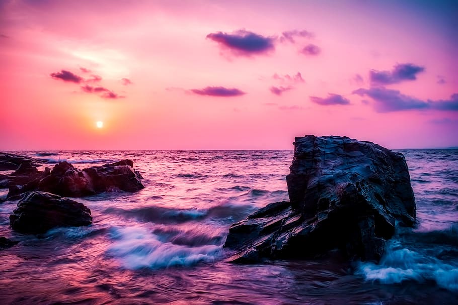 legeme, vand, ved siden af, rock formation, strand, skyer, daggry, landskab, natur, ocean, afspejling, klipper, naturskøn, hav, marinemaleri, kysten, havet, kyst, himmel, sten, sol, solnedgang, bølger, scenics - natur, skønhed i naturen, horisont, klippe, horisont over vand, rock-objekt, solid, sky - himmel, ro, rolig scene, bevægelse, idyllisk, jord, ingen mennesker, udendørs, lilla, breaking, magt i naturen, 1080P