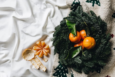 still, life, mandarin oranges, leaves, fruit, sweet, above, flat, citrus, flatlay, flat lay, clementine, tangerine, celebration, christmas, christmas decoration, food and drink, food, decoration, tree, holiday, christmas tree, leaf, healthy eating, nature, no people, citrus fruit, plant part, indoors, star shape, high angle view, orange color, christmas ornament, orange, fir tree, coniferous tree, 5K, CC0, public domain, royalty free