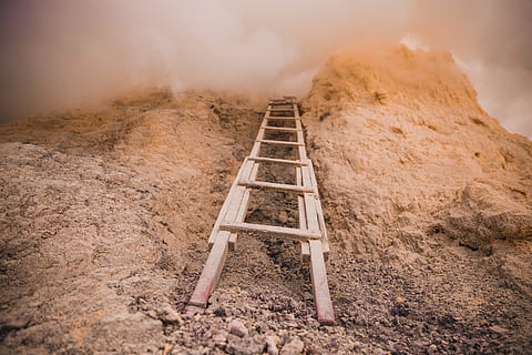 wooden, ladder, placed, rock, covered, clouds, overcast day, climbing, cloud, hill, landscape, mountain, sandstone, sky, symbol, view, wood, abstract, countryside, environment, geography, hike, mount, natural, nature, outdoor, peace, peaks, season, steps, stone, up, rock climbing, no people, day, smoke - physical structure, rock - object, desert, land, heat - temperature, outdoors, geology, travel, barren, solid, wood - material, extreme terrain, 2K, CC0, public domain, royalty free