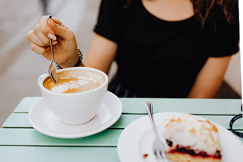 drinking coffee, eating, cake, cafeteria, coffee, cafe, retaurant, lunch, time, meeting, friends, grafconf, cafe late, late, female, food and drink, kitchen utensil, eating utensil, spoon, one person, food, drink, adult, women, sweet food, indoors, refreshment, sweet, mug, midsection, crockery, cup, hand, dessert, saucer, hot drink, 5K, CC0, public domain, royalty free