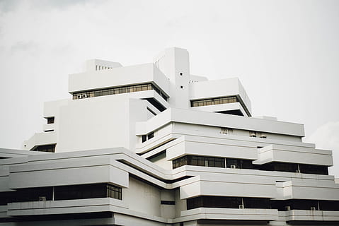 building, structure, sky, clouds, infrastructure, aircon, window, establishment, hotel, city, urban, architecture, art, glass, roof, built structure, building exterior, no people, nature, low angle view, day, residential district, modern, outdoors, white color, repetition, copy space, apartment, clear sky, office, 5K, CC0, public domain, royalty free