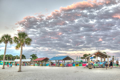 sunset, clouds, beach, florida, pine island, sky, landscape, nature, palm trees, fantasy, outdoors, tree, cloud - sky, palm tree, plant, architecture, tropical climate, land, incidental people, built structure, building exterior, group of people, sand, building, beauty in nature, 5K, CC0, public domain, royalty free