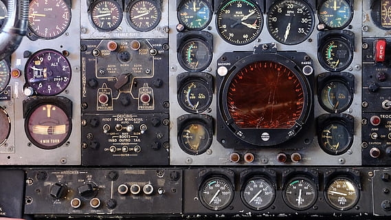 dials, controls, plane, air vehicle, airplane, control panel, control, mode of transportation, cockpit, transportation, aerospace industry, vehicle interior, close-up, technology, travel, dashboard, no people, full frame, speedometer, commercial airplane, day, circle, indoors, complexity, 4K, CC0, public domain, royalty free