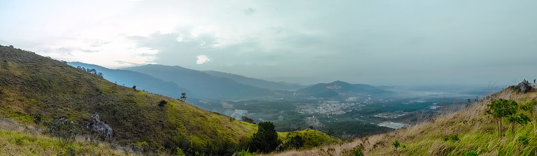 nature, landscape, mountains, summit, peaks, grass, sky, horizon, clouds, panorama, mountain, scenics - nature, environment, cloud - sky, mountain range, beauty in nature, fog, land, tranquility, plant, tranquil scene, non-urban scene, panoramic, no people, tree, outdoors, 5K, CC0, public domain, royalty free