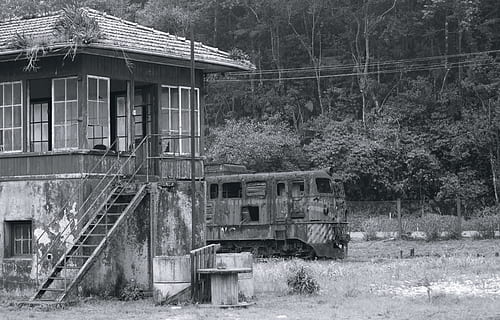 landscape, train, old, train broken, train rusty, nature, travel, transport, locomotive, tracks, base, wallpaper, black and white, black, white, contrast, paranapiacaba, sâo paulo, brazil, post, station, old train, jungle, abandoned, plant, architecture, tree, mode of transportation, obsolete, built structure, building exterior, rail transportation, transportation, land, day, no people, train - vehicle, run-down, damaged, public transportation, deterioration, outdoors, track, ruined, 5K, CC0, public domain, royalty free