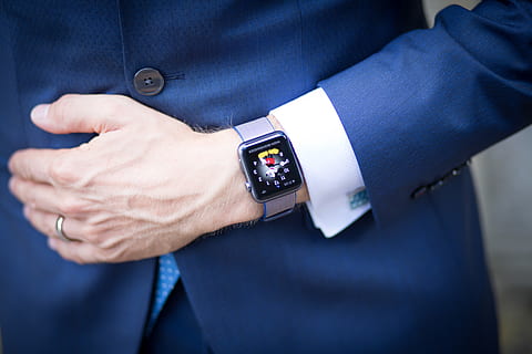 man, wearing, blue, blazer, silver, smart, watch, adult, businessman, conceptual, corporate, digital device, hand, smartwatch, suit, technology, time, touchscreen, wear, wristwatch, human body part, one person, human hand, men, close-up, midsection, human limb, limb, human arm, human joint, checking the time, well-dressed, business, body part, wrist, menswear, watching, 5K
