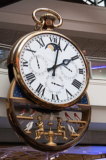 clock, time, giant, timepiece, melbourne, melbourne central, cbd, iconic, touristy, fob watch clock, gold, number, instrument of time, minute hand, indoors, shape, no people, close-up, circle, clock face, accuracy, geometric shape, metal, watch, roman numeral, clock hand, roman, low angle view, hour hand, luxury, 4K, CC0, public domain, royalty free