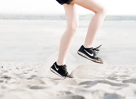 photo, woman, wearing, pair, black, nike, running, shoes, active, activity, blur, close-up, focus, girl, jogging, legs, leisure, motivation, move, movement, recreation, running shoes, sand, wear, low section, shoe, human leg, human body part, one person, body part, land, day, standing, beach, fashion, women, human limb, high heels, nature, leisure activity, limb, adult, outdoors, 2K, CC0, public domain, royalty free