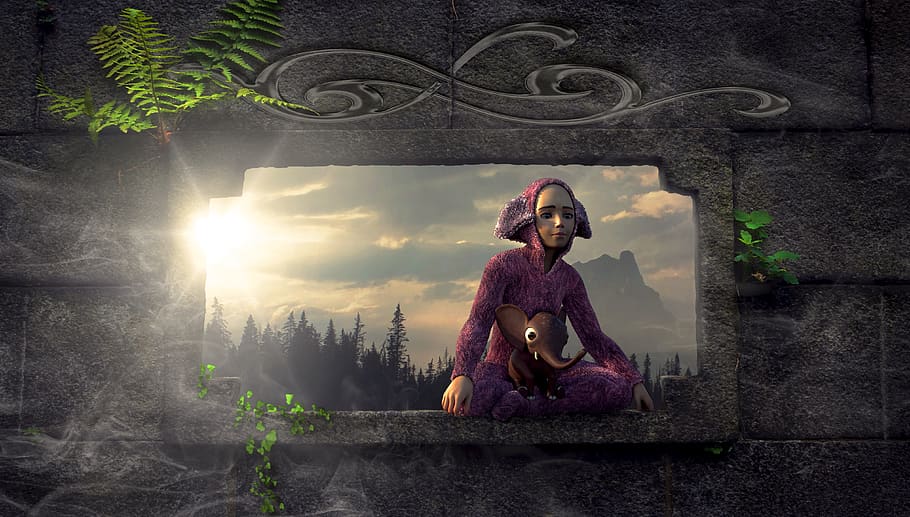 fantasia, finestra, nen, seure, paret, llum, sol, planta, paisatge, màgia, contes de fades, surrealista, místic, somni, atmosfera, misteriós, il·luminació, màgic, fantàstic, fotomuntatge, composició, bonic, raigs, retroiluminació, naturalesa, una persona, art i artesania, representació, religió, espiritualitat, cel, representació humana, persones reals, creença, arquitectura, núvol - cel, escultura, creativitat, artesania, assegut, arbre, semblança masculina, a l'aire lliure, 4K