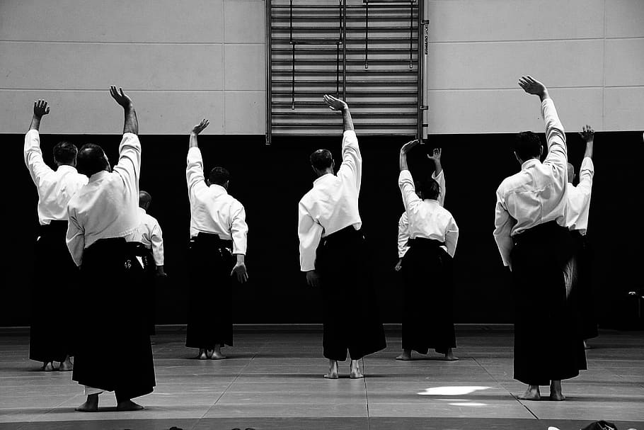 aikido, autodefensa, formació, persones reals, grup de persones, dones, roba, homes, longitud completa, gent, estils de vida, vista del darrere, activitat d'oci, ballant, arquitectura, practicant, a l'interior, uniforme, cultura i entreteniment artístic, grup, adult, estructura construïda, braços aixecats, 5K