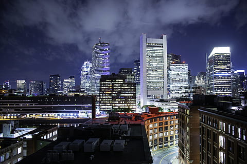 bygninger, nat tid, bygning, himmel, Sky, nat, aften, gade, lang eksponering, by-, by, lys, skyskraber, udendørs, fotografering, bybilledet, boston, arkitektur, bygning udvendig, bygget struktur, kontorbygning udvendig, belyst, landskab, by skyline, natur, sky - himmel, boligområde, kontor, moderne, ingen mennesker, finansdistrikt, 5K, CC0, offentligt domæne, royaltyfrie