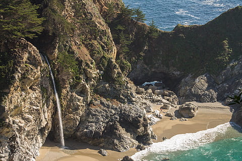 trees, rocky, cliffs, waterfall, water, coastline, central coast, big sur, water photography, landscape, landscape view, rock, sea, beauty in nature, rock - object, nature, solid, land, scenics - nature, day, tranquility, tranquil scene, non-urban scene, mountain, beach, rock formation, motion, no people, high angle view, outdoors, flowing water, flowing, 1080P, CC0, public domain, royalty free