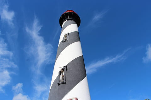 lighthouse, saint augustine, sky, blue, florida, landmark, architecture, clouds, stripes, low angle view, tower, guidance, building exterior, no people, built structure, day, cloud - sky, protection, security, nature, tall - high, building, safety, direction, sunlight, outdoors, 5K, CC0, public domain, royalty free