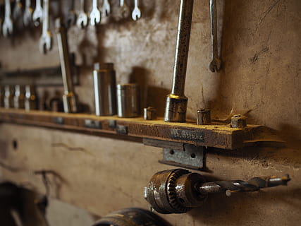 gray, hand tool lot, indoors, metal, machinery, no people, wall - building feature, old, close-up, equipment, machine part, selective focus, workshop, industry, business, work tool, history, rusty, still life, wood - material, technology, 4K, CC0, public domain, royalty free