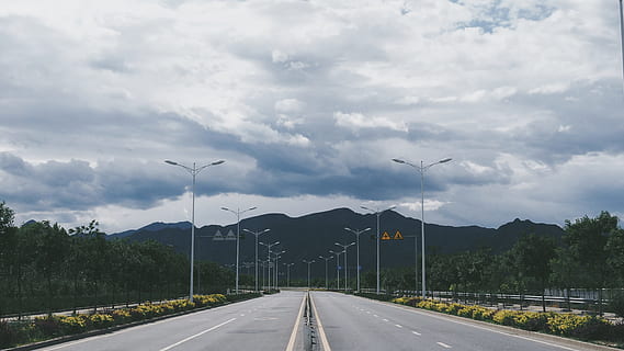 cloud, cloudy, road, route, path, pathway, ladscape, transportation, sky, cloud - sky, sign, highway, nature, symbol, direction, road marking, the way forward, no people, mountain, marking, environment, travel, diminishing perspective, street, tree, outdoors, electricity, 4K, CC0, public domain, royalty free