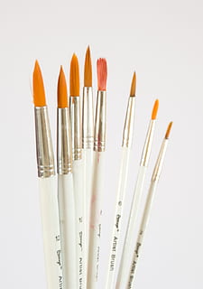 assorted paintbrushes, arts and crafts, bright, brushes, close-up, color, design, equipment, paint brushes, paintbrush, set, white background, studio shot, indoors, large group of objects, no people, still life, choice, variation, group of objects, brush, multi colored, in a row, art and craft, creativity, orange color, red, yellow, art and craft equipment, 2K, CC0, public domain, royalty free