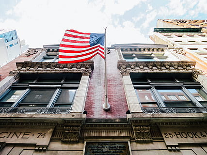 architecture, building, infrastructure, flag, usa, america, skyscraper, building exterior, patriotism, built structure, city, striped, no people, low angle view, residential district, window, sky, day, nature, outdoors, house, office building exterior, independence, government, 4K, CC0, public domain, royalty free