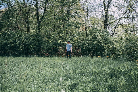 photography, man, standing, grass field, boy, branches, environment, field, foliage, forest, grass, guy, leaves, male, natue, outdoors, person, trees, woods, plant, tree, one person, land, growth, real people, leisure activity, rear view, lifestyles, nature, men, casual clothing, beauty in nature, day, green color, full length, tranquility, 5K, CC0, public domain, royalty free