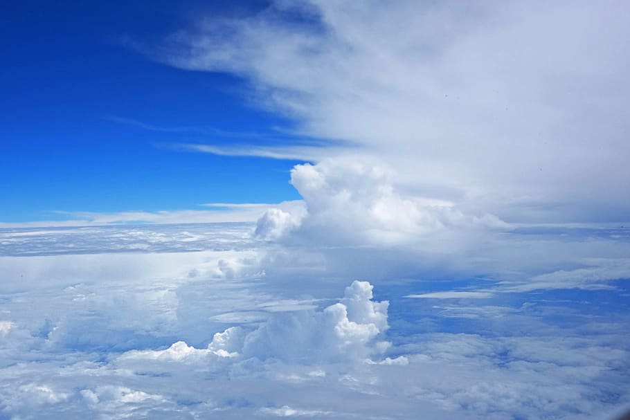 himmel, Sky, på flyet, sky - himmel, skønhed i naturen, scenics - natur, ro, rolig scene, natur, ingen mennesker, blå, hvid farve, dag, cloudscape, idyllisk, udendørs, miljø, fluffy, sollys, drømmeagtig, landskab, over, meteorologi, magt i naturen, 2K