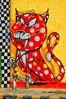 rød kat illustration, kunst, tekst, etiket, moderne kunst, tegning, farvede glas, klistermærke, maleri, vægmaleri, plakat, reklame, doodle, arkade spil maskine, grafik, graffiti, flise, applique, mosaik, maling beholder, collage, kreativitet, Kunst og håndværk, repræsentation, mønster, ingen mennesker, arkitektur, murbygningsfunktion, håndværk, rød, gul, multi farvet, tæt på, dag, menneskelig repræsentation, orange farve, udendørs, bygget struktur, 4K, CC0, offentligt domæne, royaltyfrie