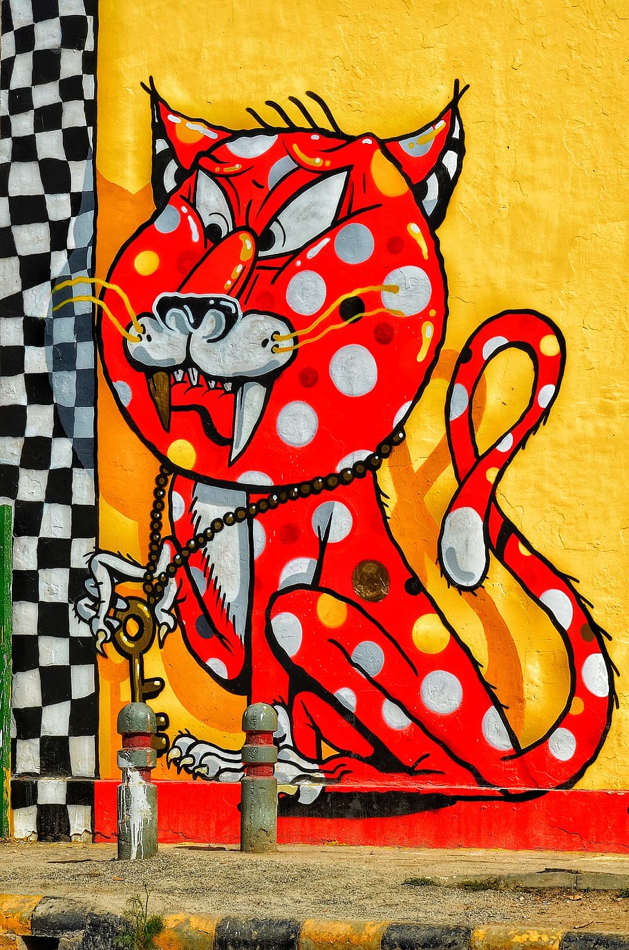rød kat illustration, kunst, tekst, etiket, moderne kunst, tegning, farvede glas, klistermærke, maleri, vægmaleri, plakat, reklame, doodle, arkade spil maskine, grafik, graffiti, flise, applique, mosaik, maling beholder, collage, kreativitet, Kunst og håndværk, repræsentation, mønster, ingen mennesker, arkitektur, murbygningsfunktion, håndværk, rød, gul, multi farvet, tæt på, dag, menneskelig repræsentation, orange farve, udendørs, bygget struktur, 4K