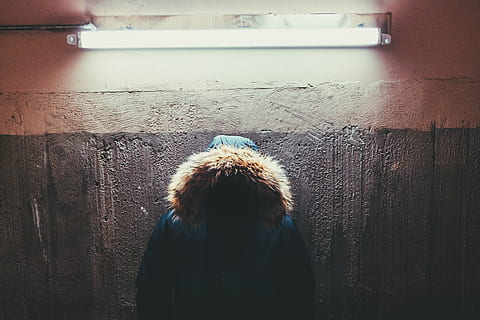 interior, wall, light, fluorescent, lamp, people, dark, hoodie, rear view, lifestyles, real people, wall - building feature, leisure activity, waist up, women, standing, clothing, adult, hair, indoors, architecture, warm clothing, hood, day, unrecognizable person, built structure, hood - clothing, hairstyle, 5K, CC0, public domain, royalty free