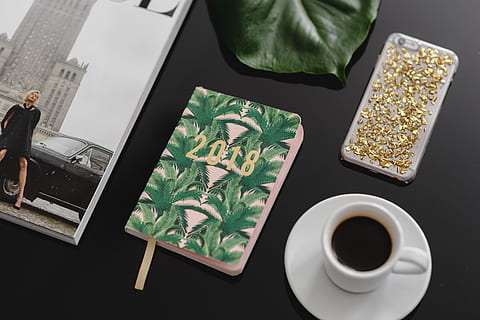 top, view, black, table, 2018 calendar agenda, food and drink, drink, mug, cup, coffee cup, high angle view, coffee, technology, indoors, coffee - drink, wireless technology, refreshment, crockery, no people, directly above, saucer, digital tablet, plant part, plant, note pad, 5K, CC0, public domain, royalty free
