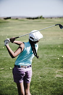 woman playing golf, ball, course, fun, golf, golf club, golf course, golf swing, golfer, grass, leisure, recreation, sport, summer, swing, leisure activity, one person, real people, focus on foreground, lifestyles, nature, rear view, day, three quarter length, activity, green color, casual clothing, holding, plant, outdoors, shorts, green - golf course, 8K, CC0, public domain, royalty free