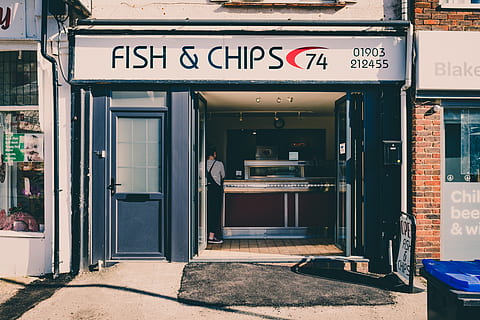 fish, &, chips store, text, communication, building exterior, entrance, western script, architecture, one person, door, built structure, day, store, business, real people, city, sign, lifestyles, non-western script, script, men, outdoors, 4K, CC0, public domain, royalty free