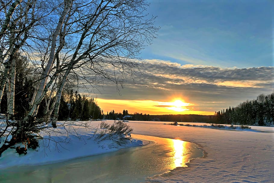posta de sol, hivern, naturalesa, fred, cel, arbres, bedoll, núvols, colors, crepuscle, reflexions, avet, gel, québec, Canadà, temperatura de fred, arbre, neu, bellesa a la natura, escenics - natura, planta, tranquil·litat, escena tranquil·la, arbre nu, aigua, escena no urbana, cap gent, cobertura, núvol - cel, congelat, sol, a l'aire lliure, 5K