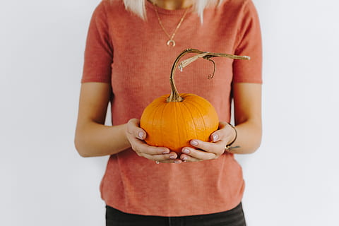 women, hands, sweater, holding, pumpkin, female, person, yellow, autumn, fall, orange, vegetable, halloween, midsection, food and drink, food, studio shot, one person, healthy eating, orange color, front view, standing, indoors, wellbeing, celebration, single object, child, casual clothing, hand, jack o' lantern, 4K